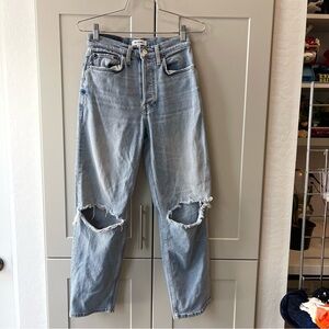 Redone 70s Stove Pipe Destroyed Knee Distressed Straight Leg Cropped Jeans 26 XS
